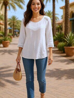 Laura Bianchi Made in Italy Sz L White Linen Tunic Top Blouse Crochet Lace